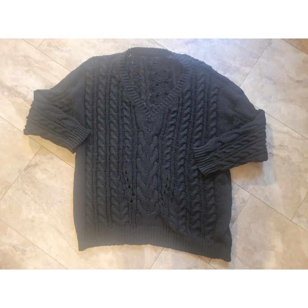 Cozy Black Cable Knit V Neck Oversized Sweater XXL